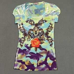 Y2K Ocean Blue Women's Camo Rose Rhinestone Graphic Swimwear Top‎ Cover Medium
